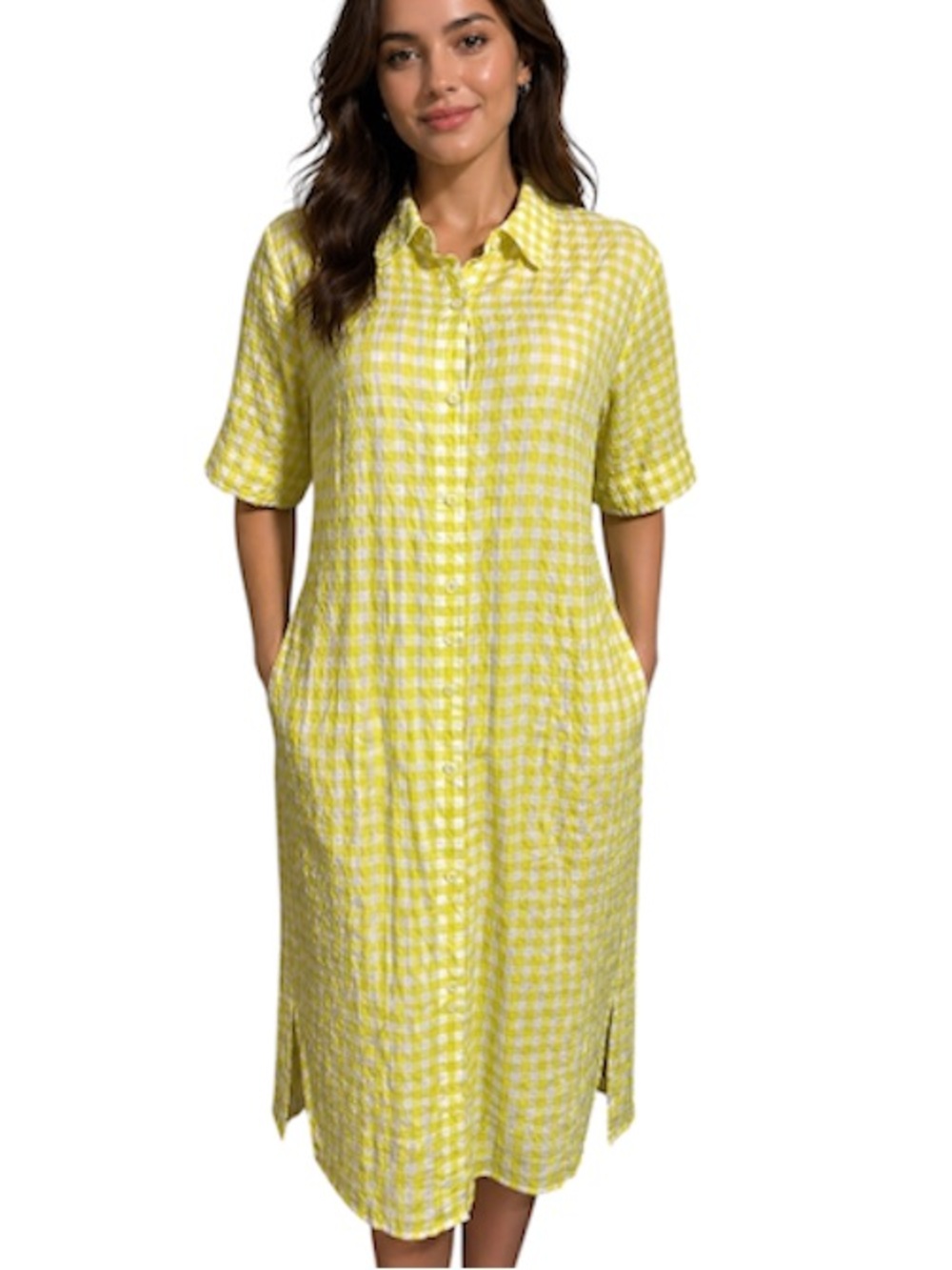 NWT PERSONA by Marina Rinaldi Women’s Yellow Gingham Midi Shirt Dress with Belt - Picture 2 of 16